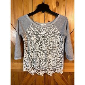 Monteau Embroidered Crochet Blouse Top Women's Medium Beige Gray Casual (3023)